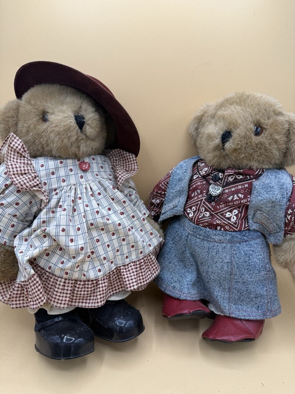 Vintage Teddy Bear Girl Pair Country Shelf Sitters Wood Stands Plush 13” Decor
